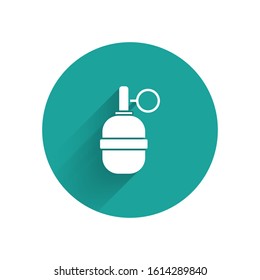 White Hand grenade icon isolated with long shadow. Bomb explosion. Green circle button. Vector Illustration