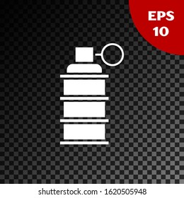 White Hand grenade icon isolated on transparent dark background. Bomb explosion.  Vector Illustration