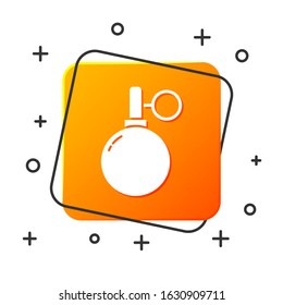 White Hand grenade icon isolated on white background. Bomb explosion. Orange square button. Vector Illustration