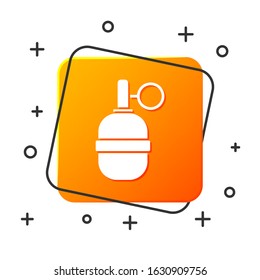 White Hand grenade icon isolated on white background. Bomb explosion. Orange square button. Vector Illustration
