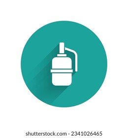 White Hand grenade icon isolated with long shadow. Bomb explosion. Green circle button. Vector