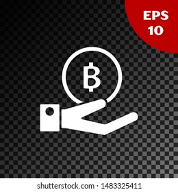 White Hand holding Bitcoin icon isolated on transparent dark background. Blockchain technology, digital money market, cryptocoin wallet.  Vector Illustration