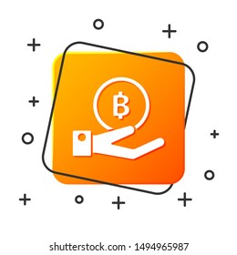 White Hand holding Bitcoin icon isolated on white background. Blockchain technology, digital money market, cryptocoin wallet. Orange square button. Vector Illustration