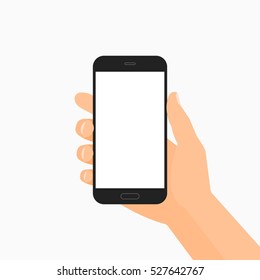 Mano blanca sujetando una ilustración vectorial de teléfono inteligente negro