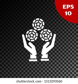 White Hand holding casino chips icon isolated on transparent dark background. Casino gambling.  Vector Illustration