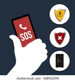 white hand holding cell call sos, buttons  virus  icons on blue background