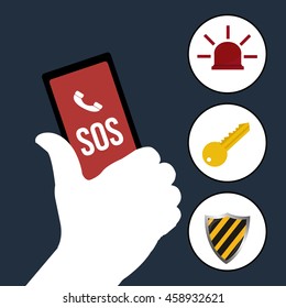 white hand holding cell call sos alarm or siren  icons on blue background