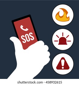 white hand holding cell next emergency icons on blue background