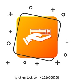 White Hand holding deck of playing cards icon isolated on white background. Casino gambling. Orange square button. Vector Illustration