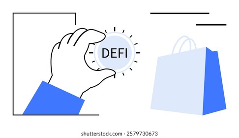 White hand holding a DeFi coin beside a blue shopping bag with the . Ideal for finance, cryptocurrency, e-commerce, fintech, blockchain. Simple vector style