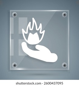 White Hand holding a fire icon isolated on grey background. Square glass panels. Vector