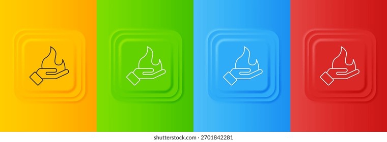Mano blanca sosteniendo un icono de fuego aislado en fondo colorido. Establecer íconos en Botones cuadrados. Vector