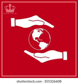 White Hand holding Globe earth icon 