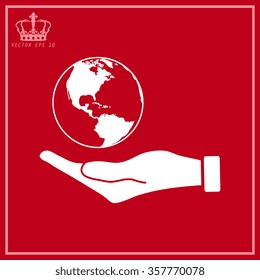 White Hand holding Globe earth icon 