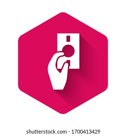 White Hand holding money icon isolated with long shadow. Dollar or USD symbol. Cash Banking currency sign. Pink hexagon button. Vector Illustration