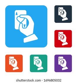 White Hand holding playing cards icon isolated on white background. Casino game design. Set icons in color square buttons. Vector Illustration