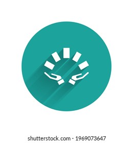 White Hand holding playing cards icon isolated with long shadow. Casino game design. Green circle button. Vector