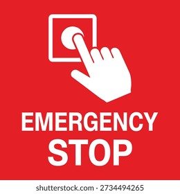 Un ícono de mano blanca está presionando un Botón rojo etiquetado con las palabras PARADA DE EMERGENCIA en mayúsculas blancas sobre un fondo rojo.