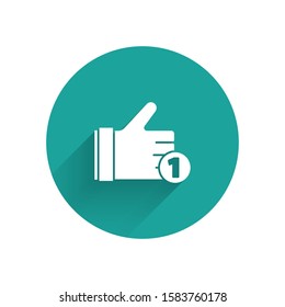 White Hand like icon isolated with long shadow. Green circle button. Vector Illustration