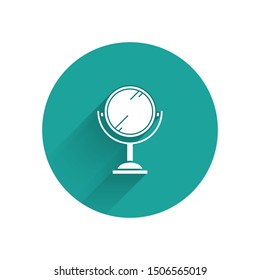 White Hand mirror icon isolated with long shadow. Green circle button. Vector Illustration