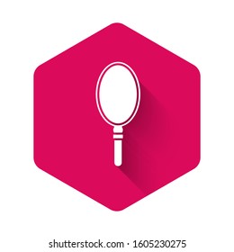 White Hand mirror icon isolated with long shadow. Pink hexagon button. Vector Illustration
