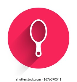 White Hand mirror icon isolated with long shadow. Red circle button. Vector Illustration