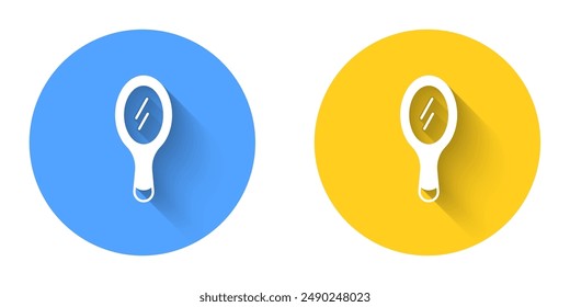 White Hand mirror icon isolated with long shadow background. Circle button. Vector