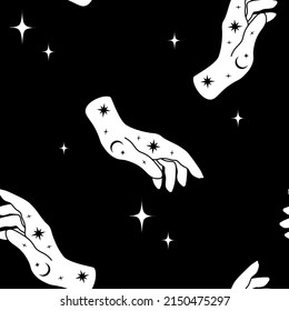 Mano blanca sobre un fondo negro. Patrón celestial sin fisuras.