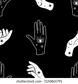 White hand on a black background. Celestial seamless pattern.