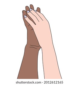 white hand on black hand - flat vector hand drawn illustration of two hands-on white backgrounds, vector illustration for poster, banner, advertisement, web background, promotion activities.