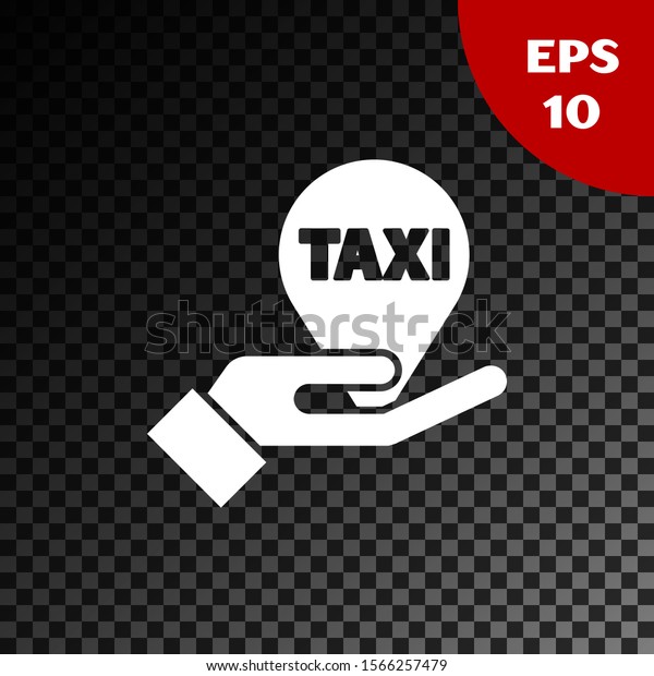 White\
Hand on map pointer with taxi icon isolated on transparent dark\
background. Location symbol.  Vector\
Illustration