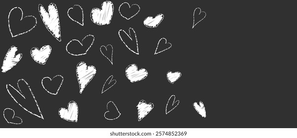 White hand paint crayon brush heart pattern. Abstract Valentine border with chalk material for love day. Cute pastel texture on 14 February presentation. Marker paintbrush design. Charcoal scratch