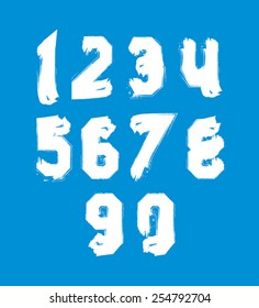 White hand painted daub numerals, collection of acrylic realistic digits with brushstrokes.