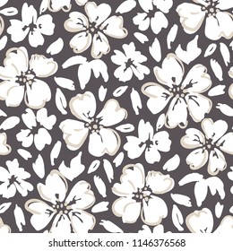 White hand painted outlined large scale floral vector seamless pattern on dark background