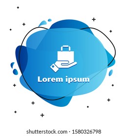 White Hand and paper shopping bag icon isolated on white background. Package sign. Abstract banner with liquid shapes. Vector Illustration