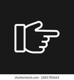 Mano blanca que señala el icono derecho en el fondo negro, símbolo direccional minimalista para la navegación de la interfaz de usuario, gráficos instructivos y diseño de interfaz digital