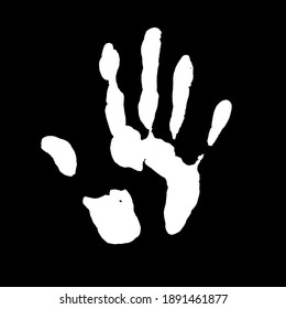 The white hand print icon is an isolated element on a black background for your design template. Vector design.