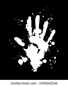 Impresión de mano blanca con salpicaduras blancas de manchas de tinta y salpicaduras en un fondo negro de impresión realista sobre el papel. silueta de huella del cartel de la palma de una persona