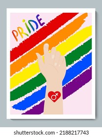 White Hand with Rainbow Background, Gender LGBT Heart Symbol and Doole Texture Inscription Pride