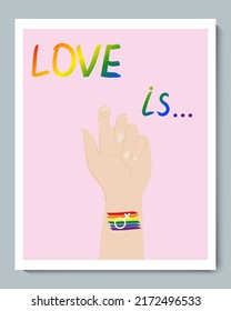 White Hand with Rainbow Flag Gender LGBT Symbol and Doole Texture Inscription Love is...