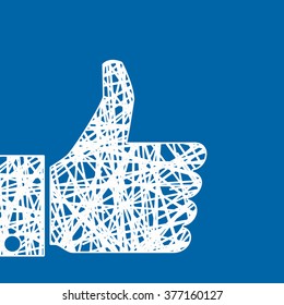 white hand and raised a finger on the blue background