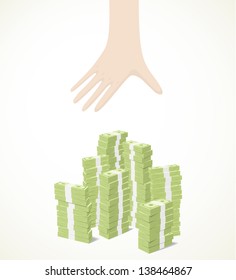 A white hand reaching piles of green banknotes
