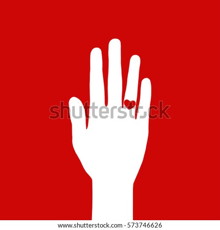 White hand with red heart ring on red background. Vector illustration. Flat design. 
