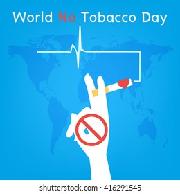 White hand with restrict sign hold red heart in cigarette with heartbeat signal on blue world map background. World No Tobacco Day concept.