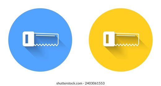 White Hand saw icon isolated with long shadow background. Circle button. Vector