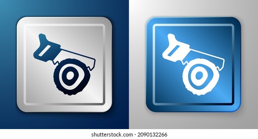 White Hand saw and log icon isolated on blue and grey background. Silver and blue square button. Vector