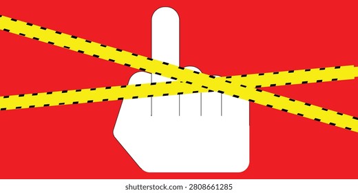 White hand showing middle finger crossed by yellow caution tape