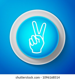 White Hand showing two finger icon isolated on blue background. Victory hand sign. Circle blue button with white line. Vector Illustration