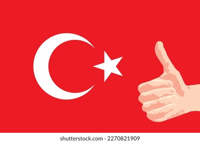 White hand shows thumb signal with flag of Turkey in background. Vector image.