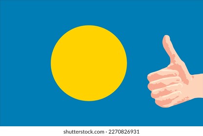 White hand shows thumb signal with flag of Palau in background. Vector image.